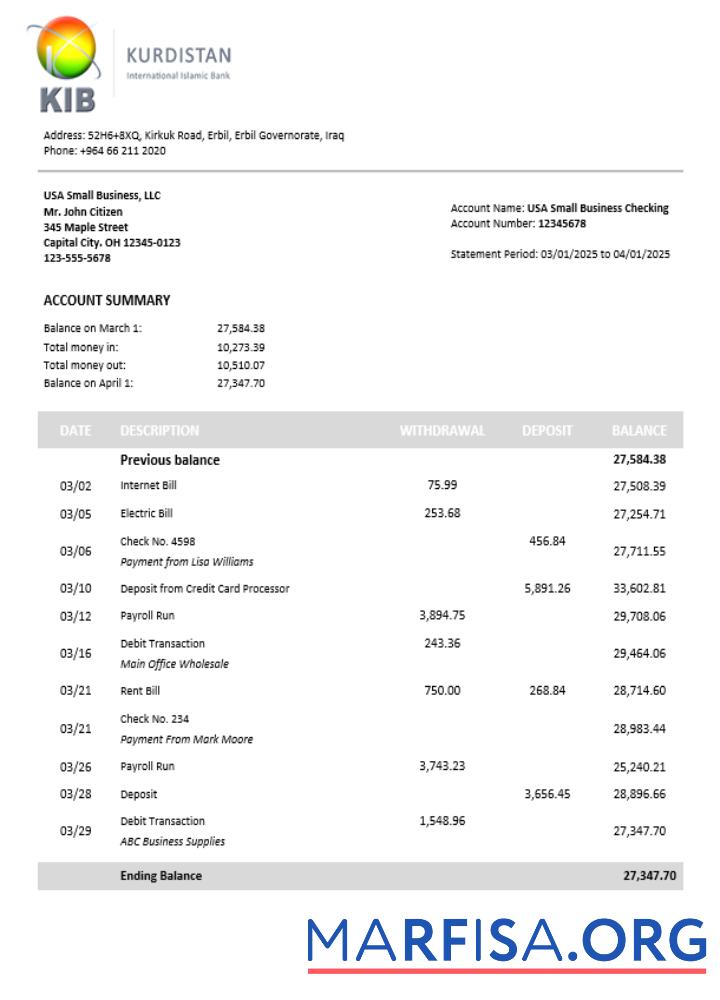 Realistic Kurdistan business bank statement Word and PDF format real example